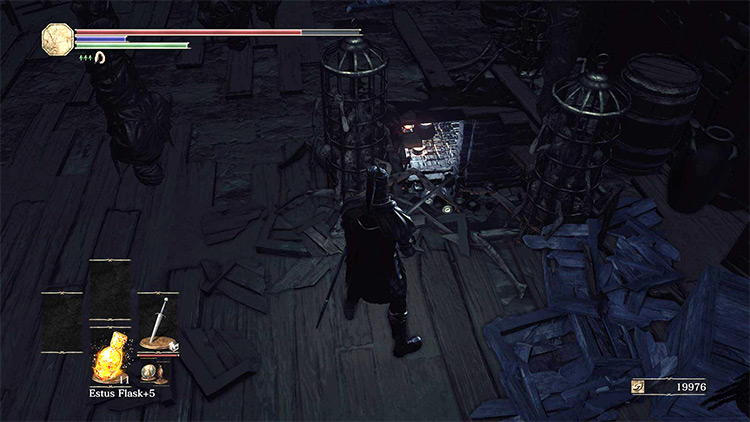 The hole in the floor that leads to the Warriors of Sunlight Pledge / Dark Souls 3