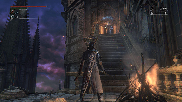 The Church Servant at the top of the stairs, blocking the way into the Choir Building / Bloodborne