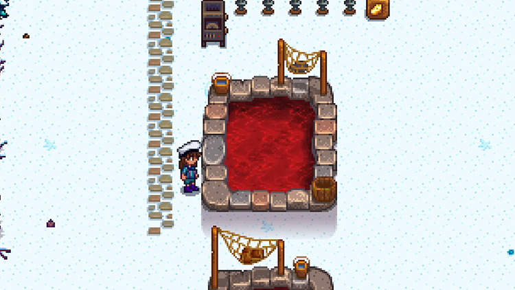 A red Fish Pond with lava eels / Stardew Valley