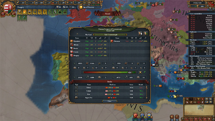 Ottomans crushed after declaring on Byzantium, a few years after I annexed Bulgaria from them / EU4