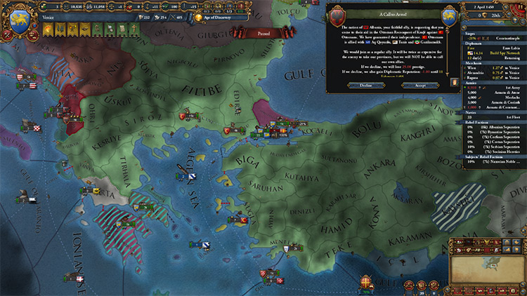 Typical setup with the war essentially won, waiting for the Ottomans to declare against Byzantium / EU4