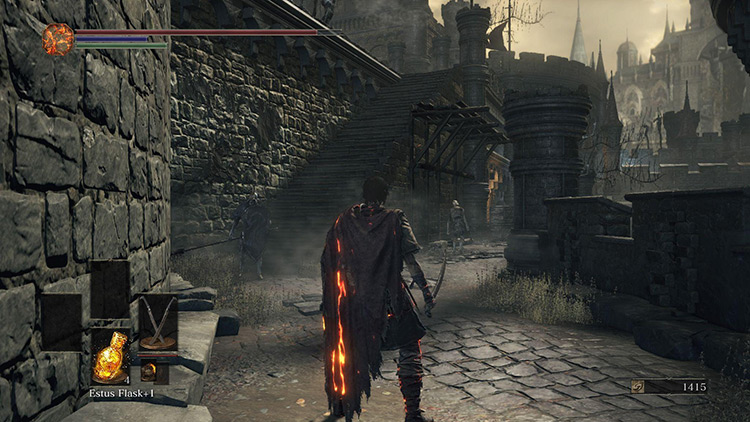 The walkway and steps next to the platform that dragon overlooks / DS3