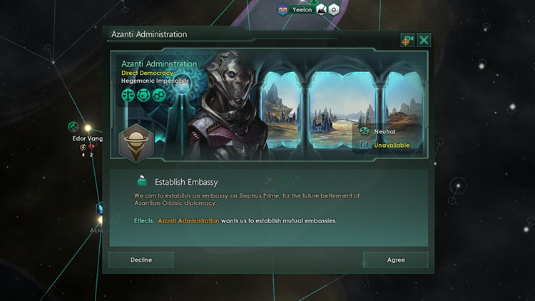 A foreign empire wishing to establish an embassy with the player / Stellaris