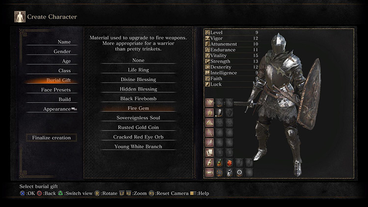 Choosing a Burial Gift in the Character Creation menu / Dark Souls III