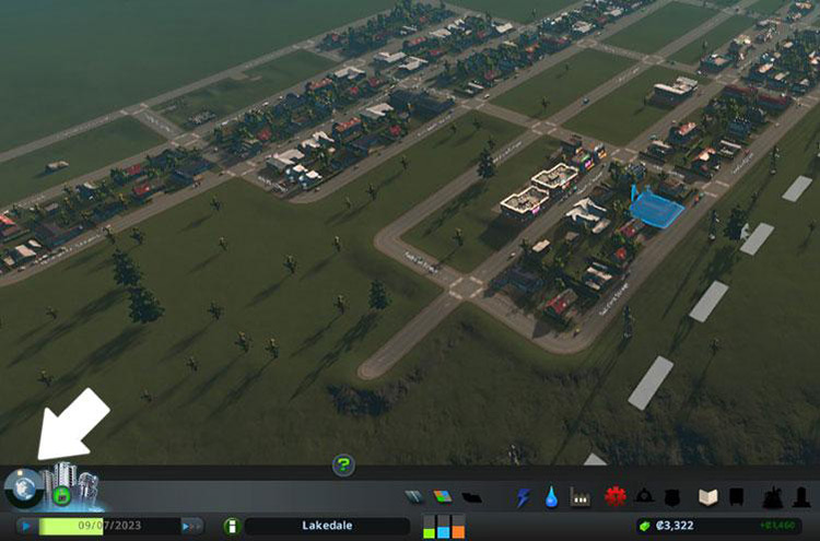 The globe opens up the ‘Areas’ view, from where you can buy new tiles / Cities: Skylines