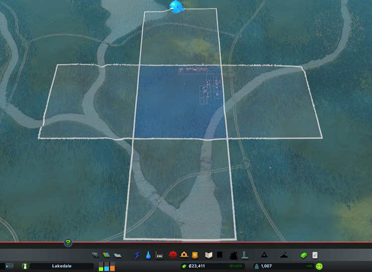 The four lighter-colored squares are the areas currently available for purchase / Cities: Skylines