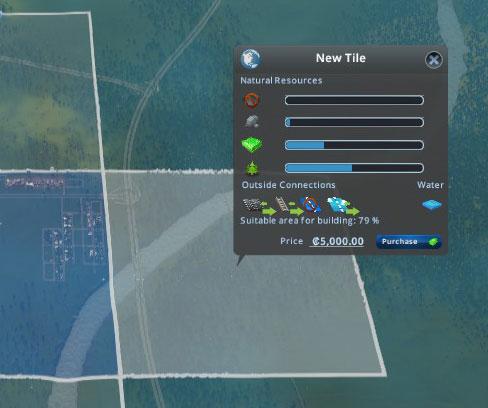 Clicking each tile shows details about the area, as well as the purchase button / Cities: Skylines