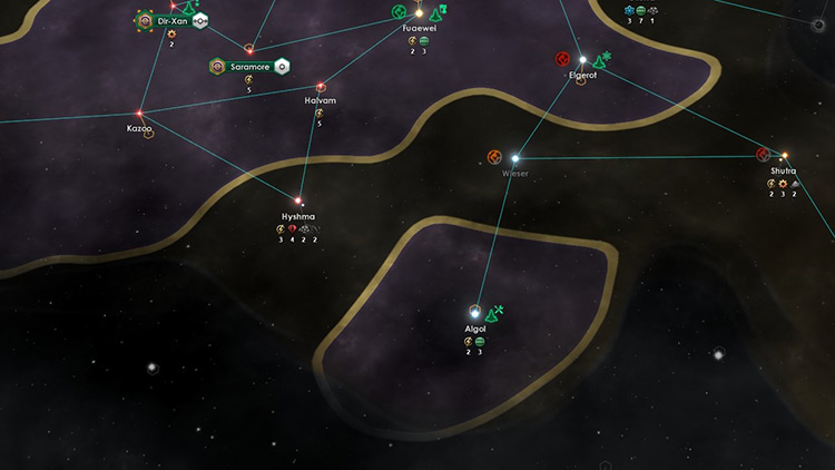 Example of an overextended border, with gaps in between / Stellaris