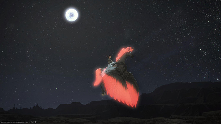 The Black Pegasus Mount in the night skies of Eastern Thanalan / Final Fantasy XIV