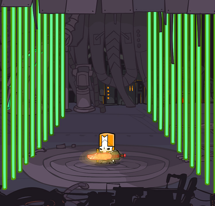The Orange Knight wielding the Demon Sword, imprisoned inside the Alien Ship Castle Crashers
