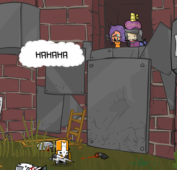The Orange Knight equipped with the Lightning Sword standing outside the Industrial Castle Castle Crashers
