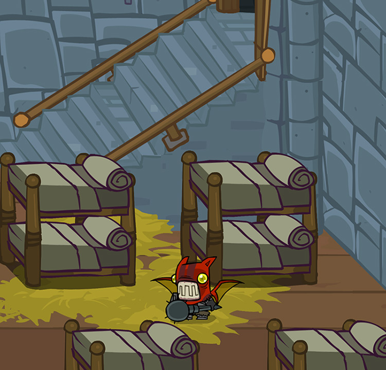 A Fire Demon armed with the Black Morning Star inside the castle barracks Castle Crashers