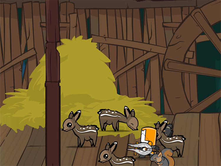 The Orange Knight wielding the Man Catcher with a herd of deer Castle Crashers