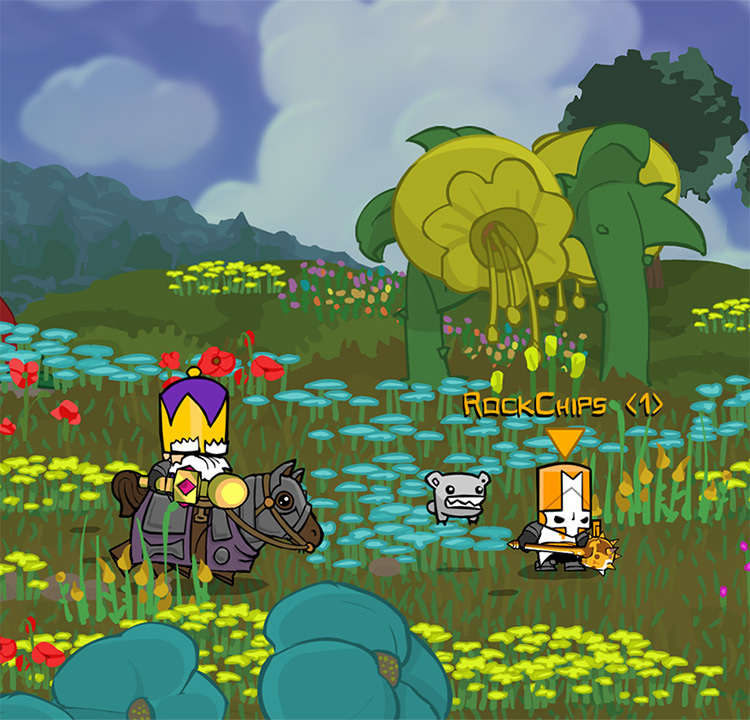 Orange Knight armed with the Gold Skull Mace, leading the King to battle Castle Crashers