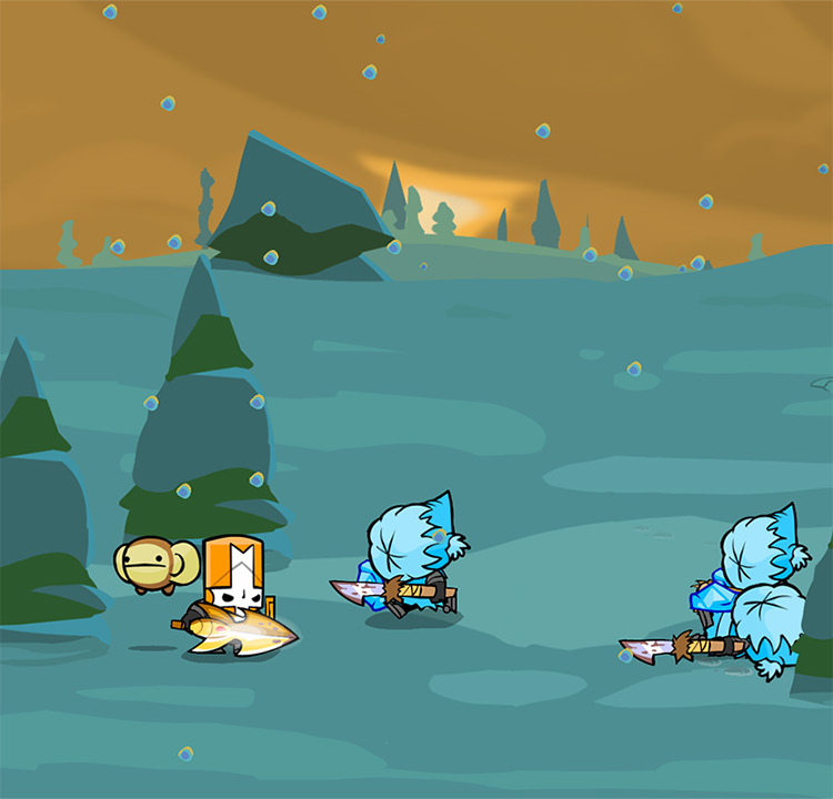 A bunch of Iceskimos armed with Fishing Spears holding their own against the Orange Knight Castle Crashers