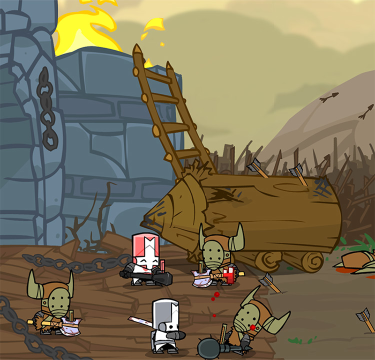 The Pink Knight battling a bunch of Barbarians using a Buffalo Mace Castle Crashers