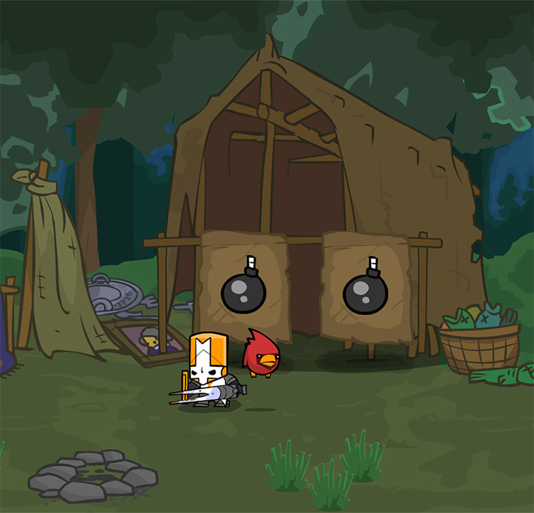 Orange Knight equipped with a Dual Prong Sword, shopping for wares Castle Crashers