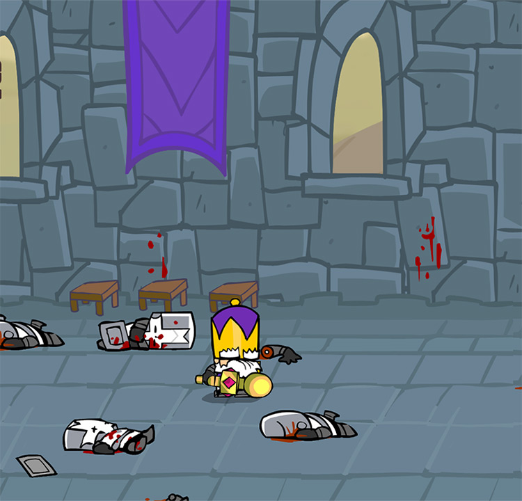 The King armed with his mighty King’s Mace, inside his now ruined throne room Castle Crashers