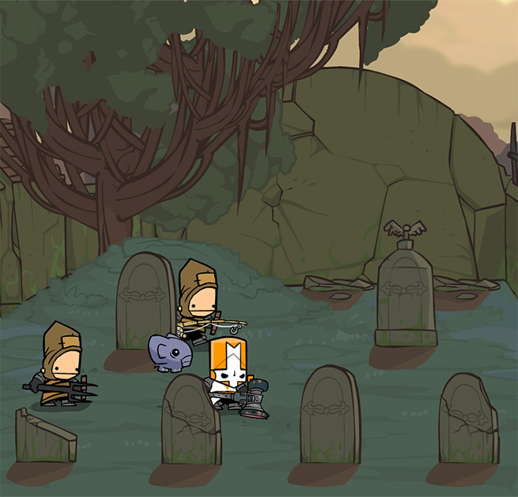 Orange Knight equipped with a Panic Mallet, along with two Peasants inside a graveyard Castle Crashers