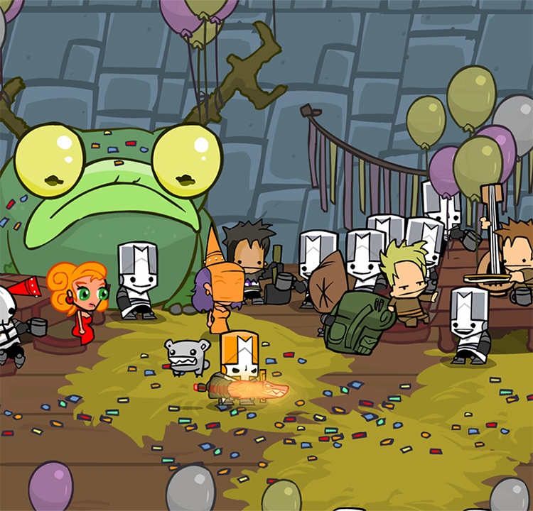 Orange Knight brandishing the Demon Sword at a party Castle Crashers