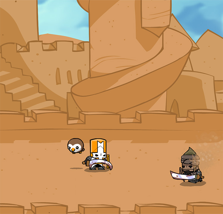 Orange Knight equipped with a Curved Sword, fighting a Saracen Castle Crashers