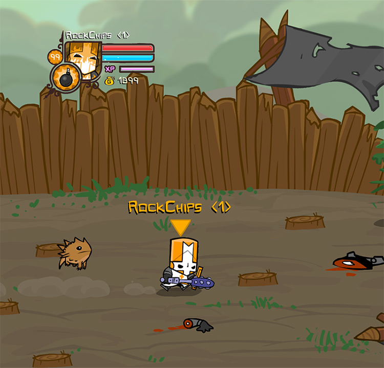 Orange Knight wielding the Ugly Mace in the battlefield Castle Crashers