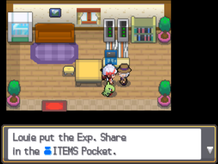Mr. Pokémon giving the player an EXP Share for their Red Scale / Pokémon HG/SS