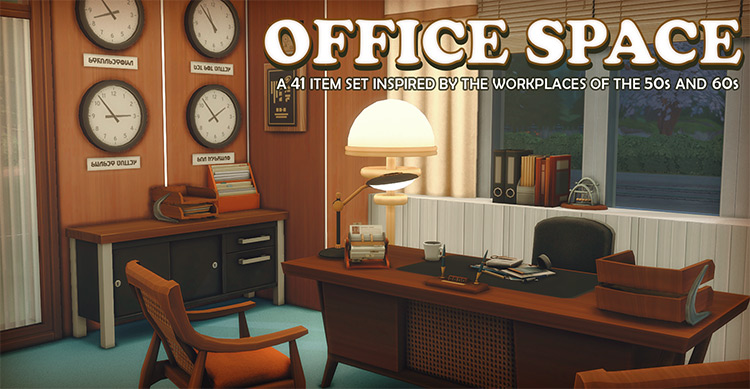 Office Space – A MidCentury Office Set / Sims 4 CC