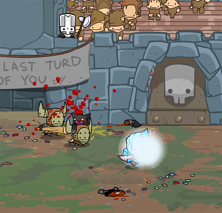 Bitey Bat gnawing down a barbarian while Iceskimo charges his Magic Castle Crashers