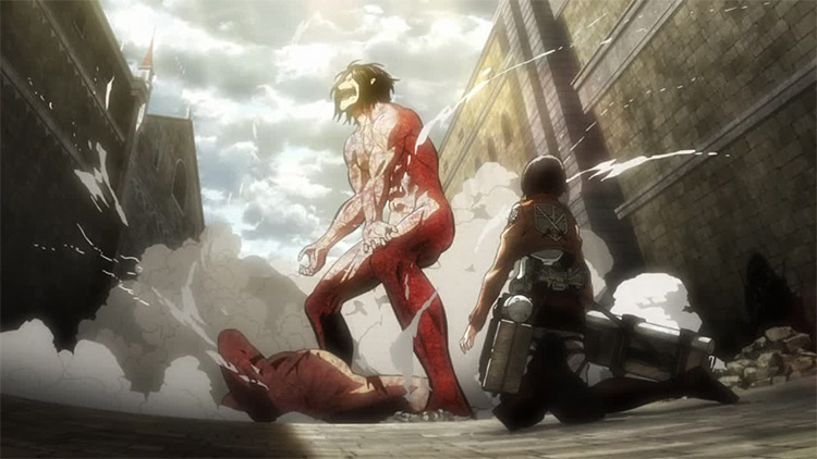 Mikasa watches eren transform into the Attack Titan