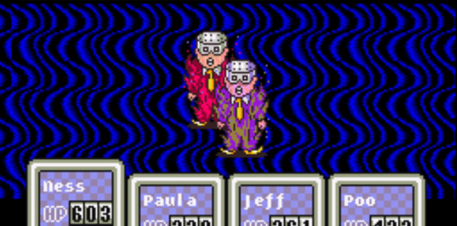 Major Psychic Psycho (purple) & Psychic Psycho (red) in battle / Earthbound