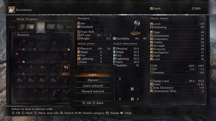 The Eleonora Axe in the inventory menu. Be sure to choose ‘Leave’ and not ‘Discard’ / Dark Souls III