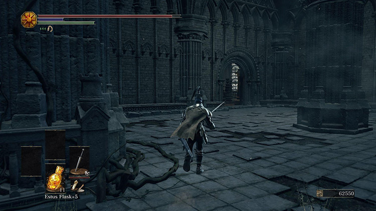 The door to the main library room, viewed from the area with the enemy NPCs / Dark Souls III