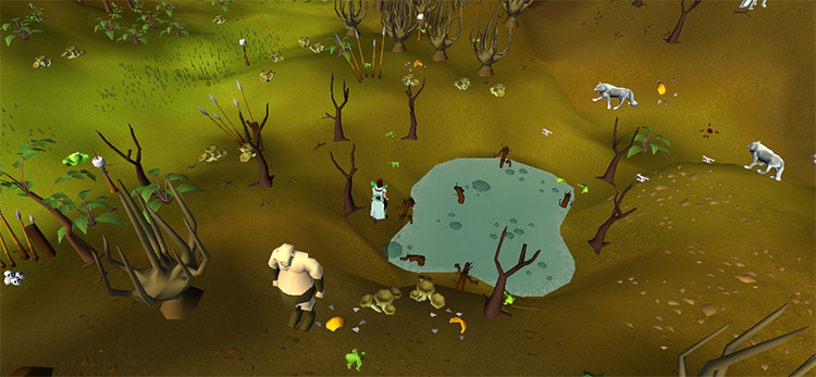 Ogres and wolves surrounding the pond / Old School RuneScape