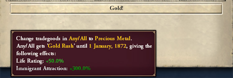 Gold rush event giving Life Rating bonus / Victoria 2