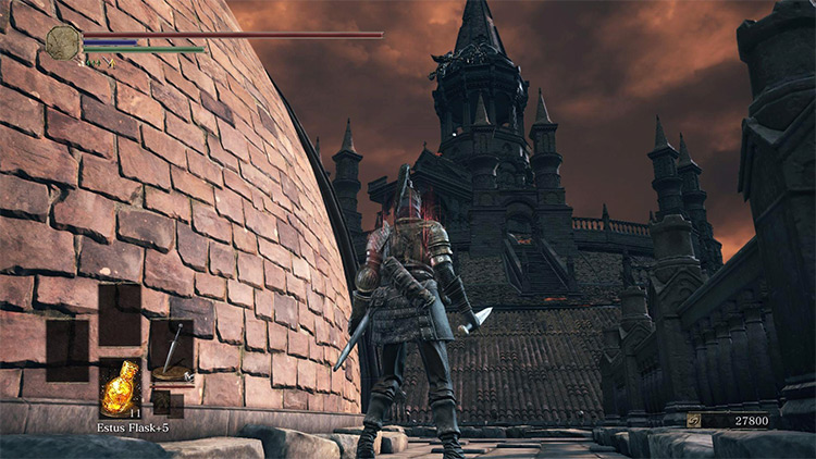 The Archives rooftops, with the Golden Winged Knights waiting at their peak / Dark Souls III