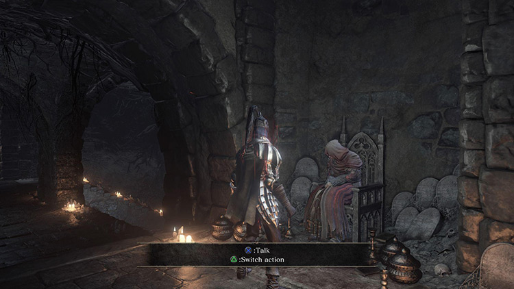 The Firelink Shrine Handmaid, in the tunnel with Andre the blacksmith / Dark Souls III