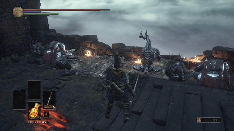 The praying corpses on the cliffside - sit down between the dragon and the headless knight / Dark Souls III