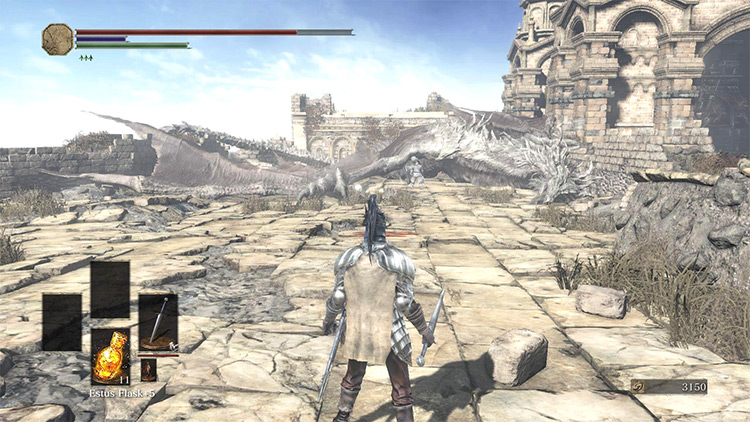 THavel The Rock in the distance, stood between the Titanite Slab and a dead dragon / Dark Souls III