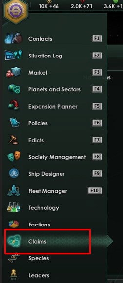 Select the “Claims” option / Stellaris