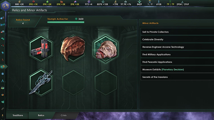 A few Relics in the Society Management menu / Stellaris