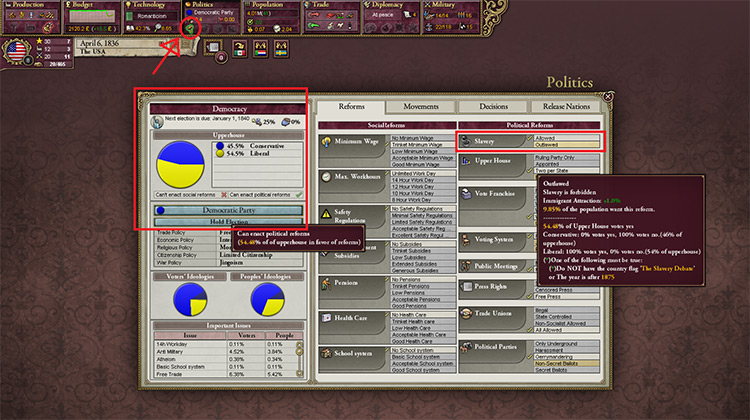The arrow points to the Reforms button. The box on the left shows that the majority of the Upper House is Liberal, which allows the outlawing of slavery on the box to the right. / Victoria 2