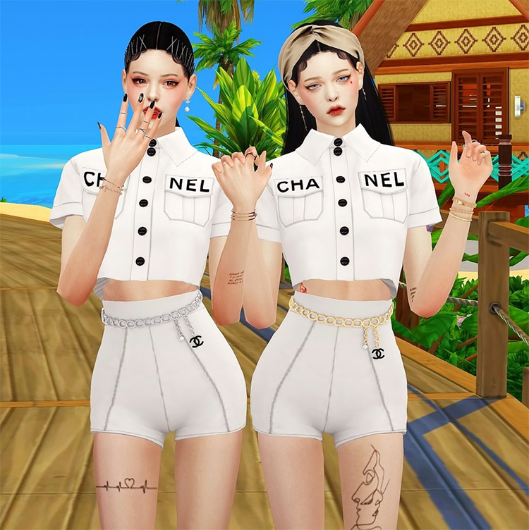 Jennie Chanel Shirt + Belt Shorts Set by Laluna Sims 4 CC