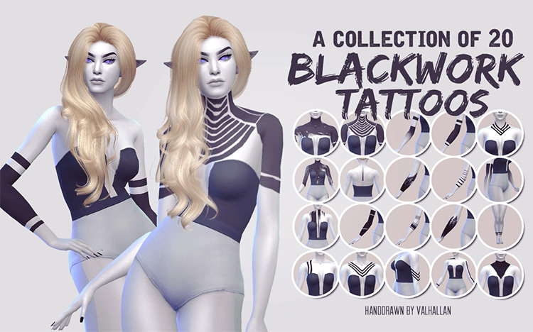 Collection of 20 Blackwork Tattoos / Sims 4 CC