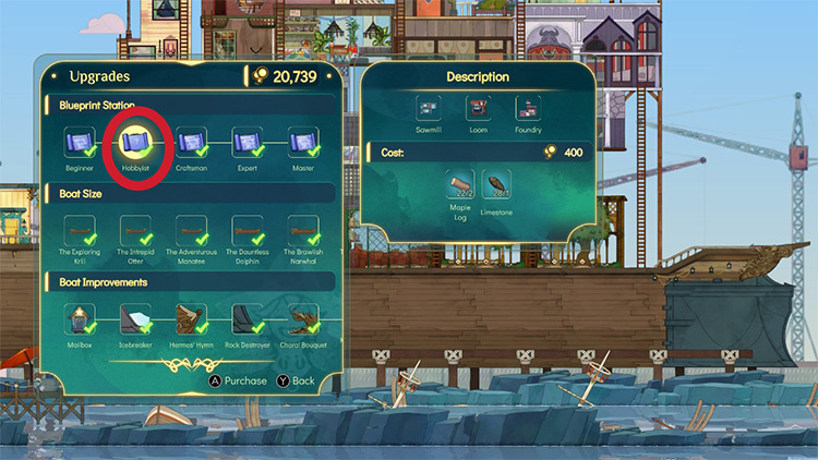 The Hobbyist upgrade is the first blueprint upgrade you can get for Stella’s boat. / Spiritfarer