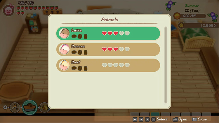 Interface of the animal relationship tab where you can check your cow’s friendship level. / SoS:FoMT