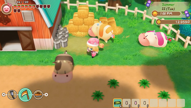 The farmer stands outside the barn with three specialty cows wandering around the farm. / SoS:FoMT
