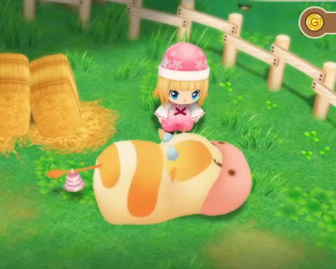 A fruit cow lounges outside on grass. / SoS:FoMT