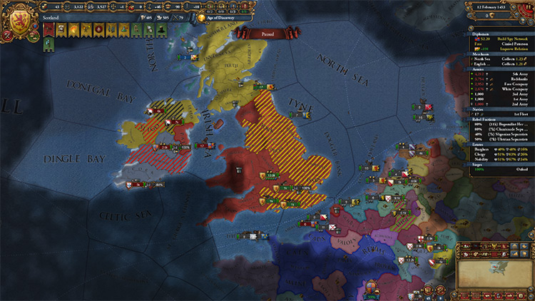 First war against England. Rebels and enemy armies in Ireland are a common sight. / EU4