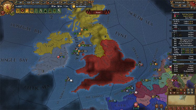 Aftermath of the first war against England. Kildare in Ireland is my vassal. Notice the 12 privateers in the straits of Dover. / EU4